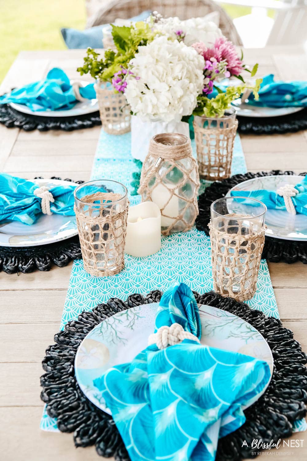 Bright pops of turquoise and coastal table decor. #ABlissfulNest #HobbyLobbyFinds #ad