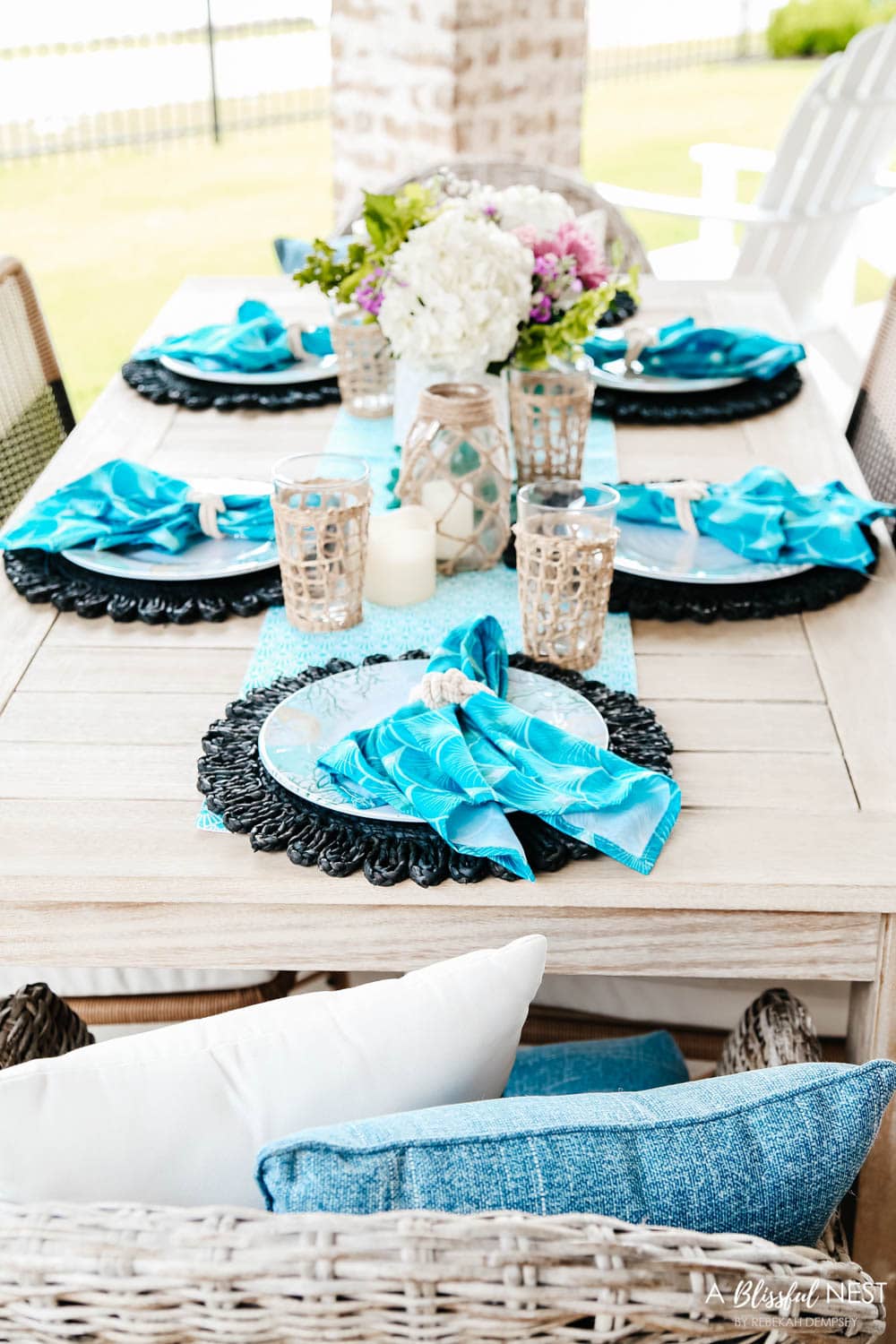 Bright pops of turquoise and coastal table decor. #ABlissfulNest #HobbyLobbyFinds #ad