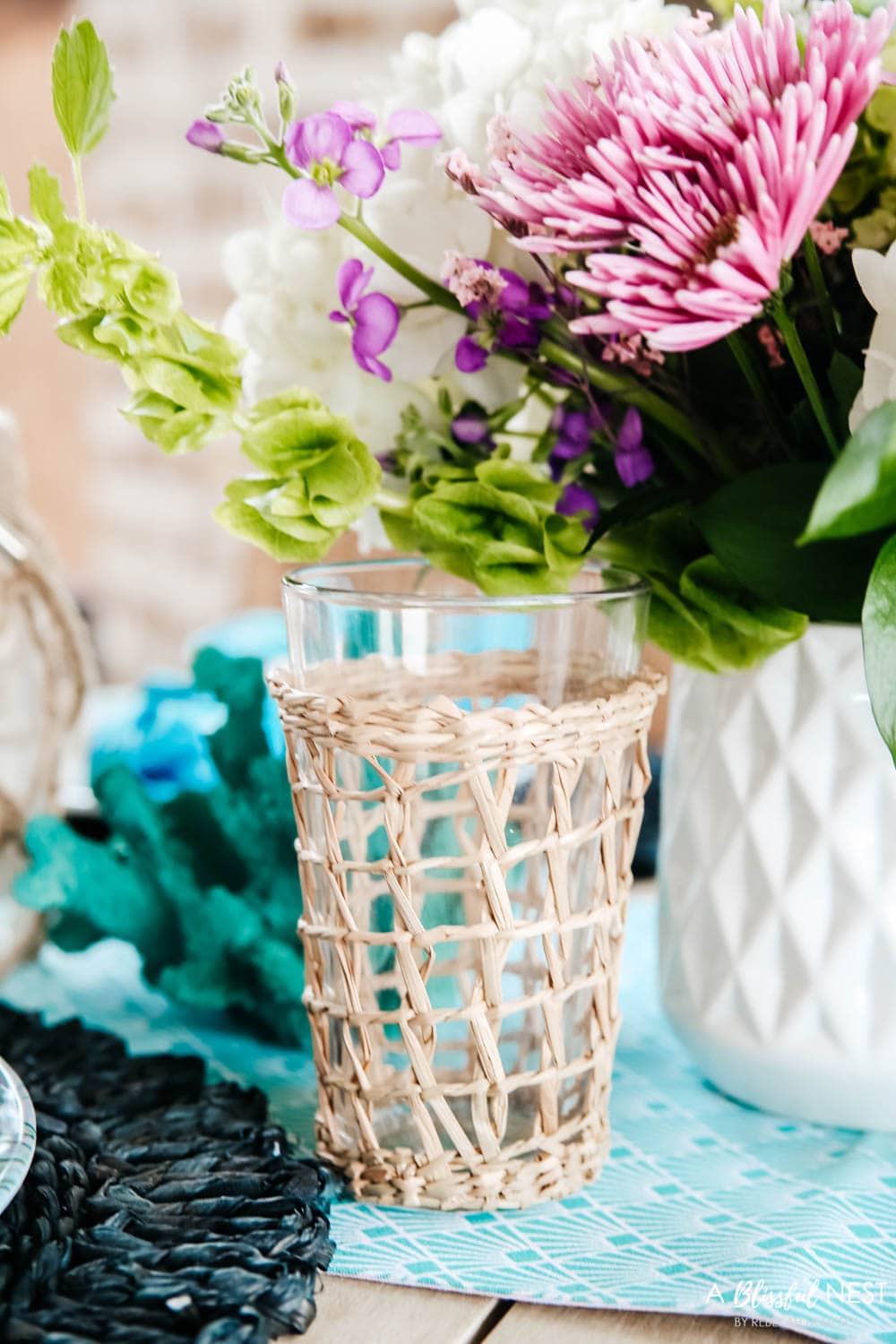 Bright pops of turquoise and coastal table decor. #ABlissfulNest #HobbyLobbyFinds #ad