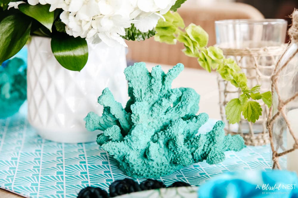 Bright pops of turquoise and coastal table decor. #ABlissfulNest #HobbyLobbyFinds #ad