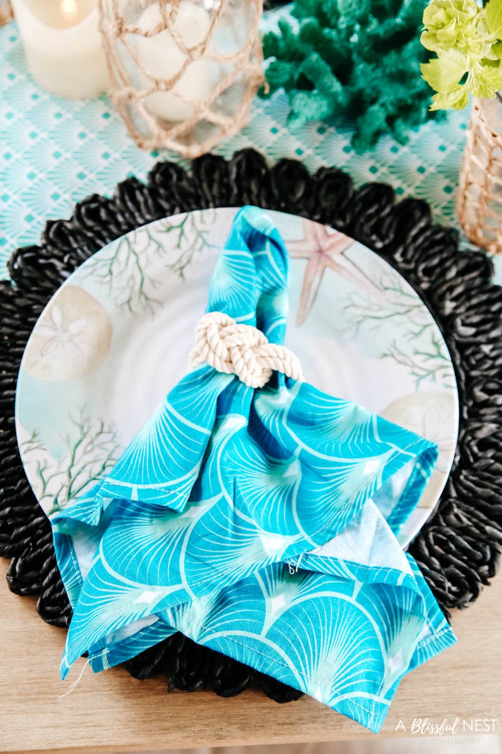 Bright pops of turquoise and coastal table decor. #ABlissfulNest #HobbyLobbyFinds #ad