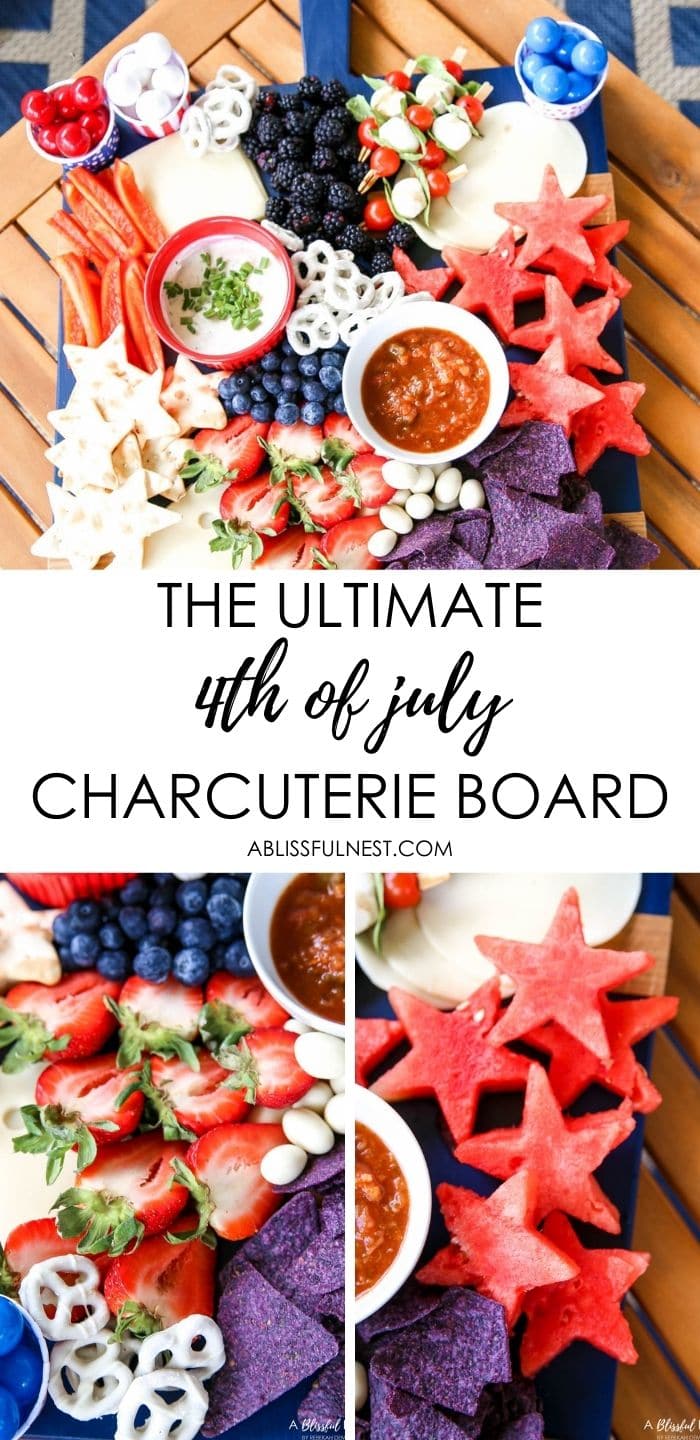 A beautiful patriotic charcuterie board with something for everyone. #ABlissfulNest #charcuterieboard #4thofjuly