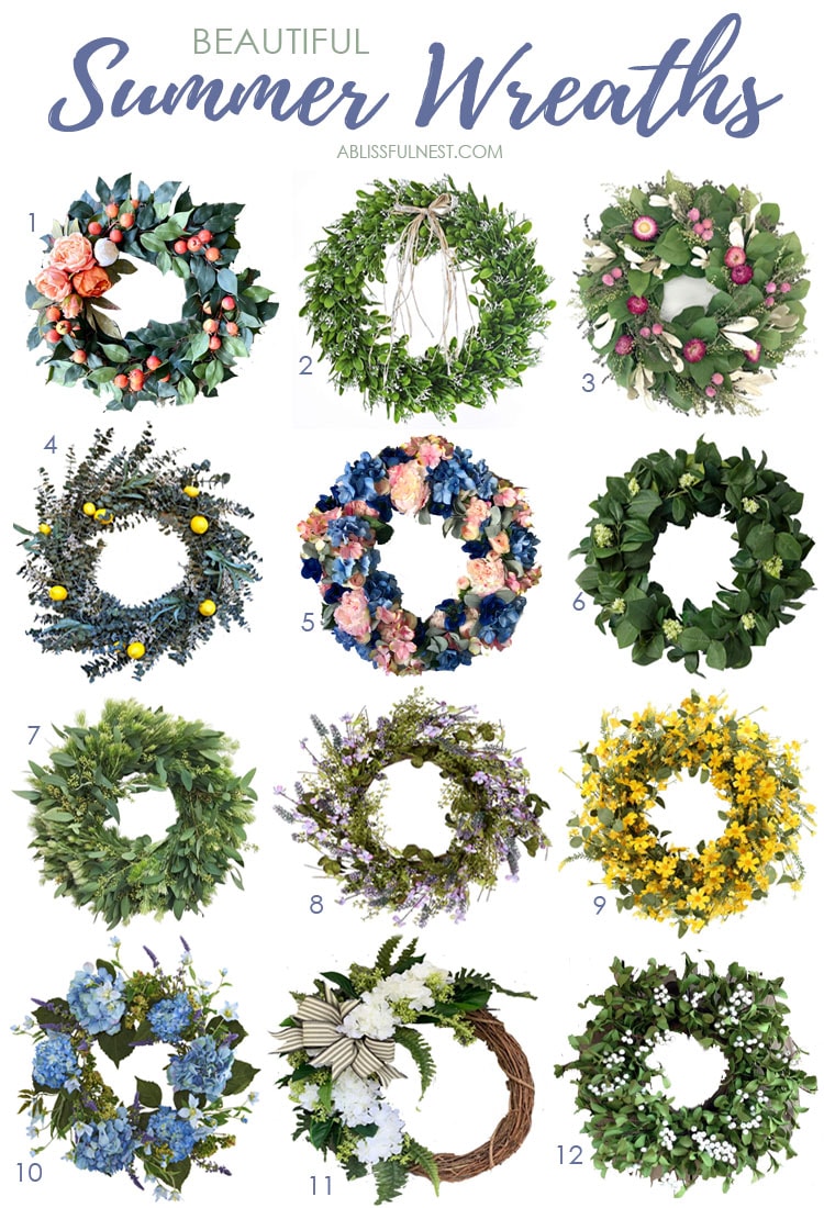 An assortment of gorgeous summer wreaths to freshen up your front porch for the season. #ABlissfulNest #summerporch #summerdecor