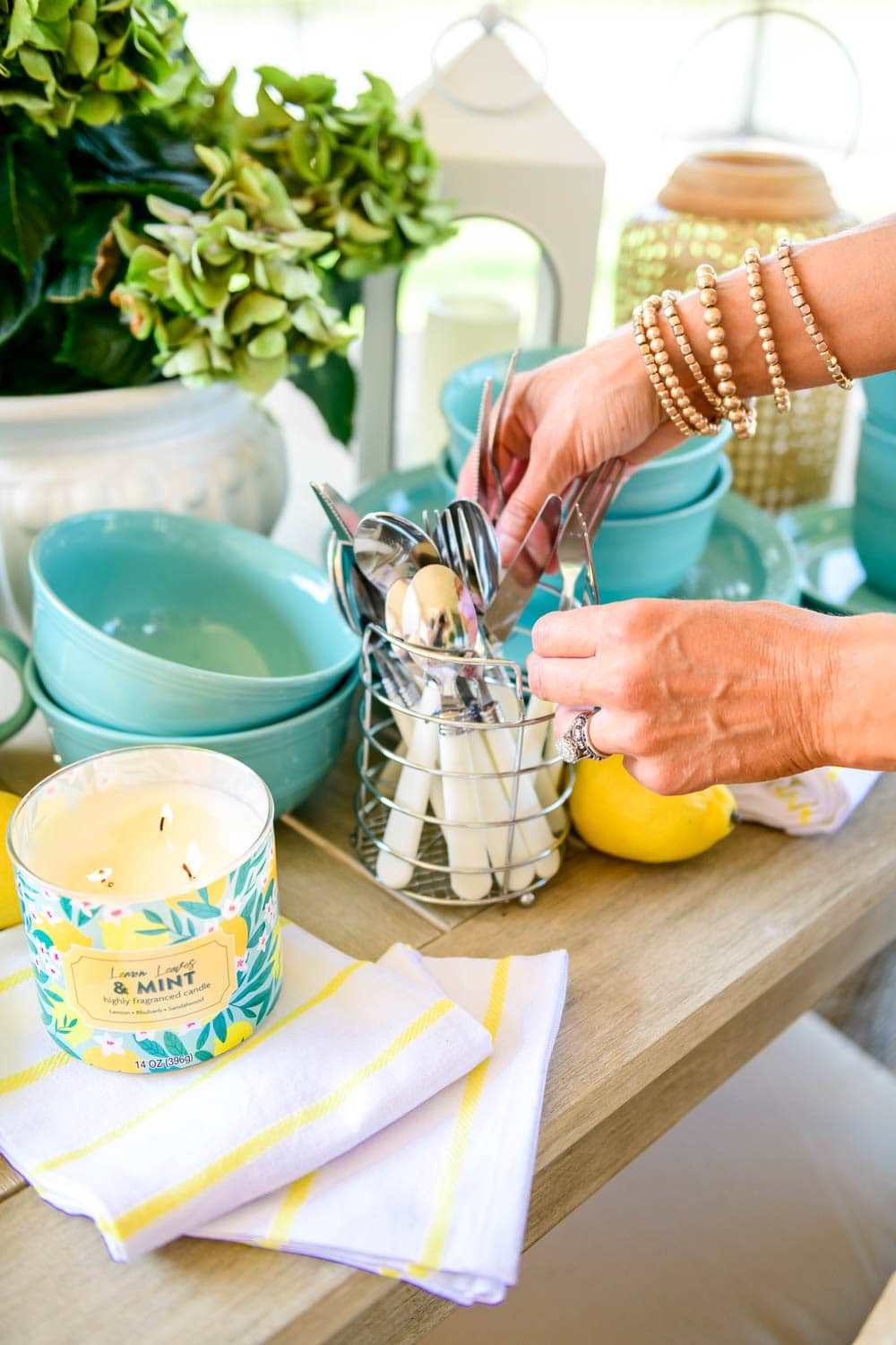 Love the turquoise color of this dish set mixed with lemon accents for summer. #ABlissfulNest #WalmartHome #ad