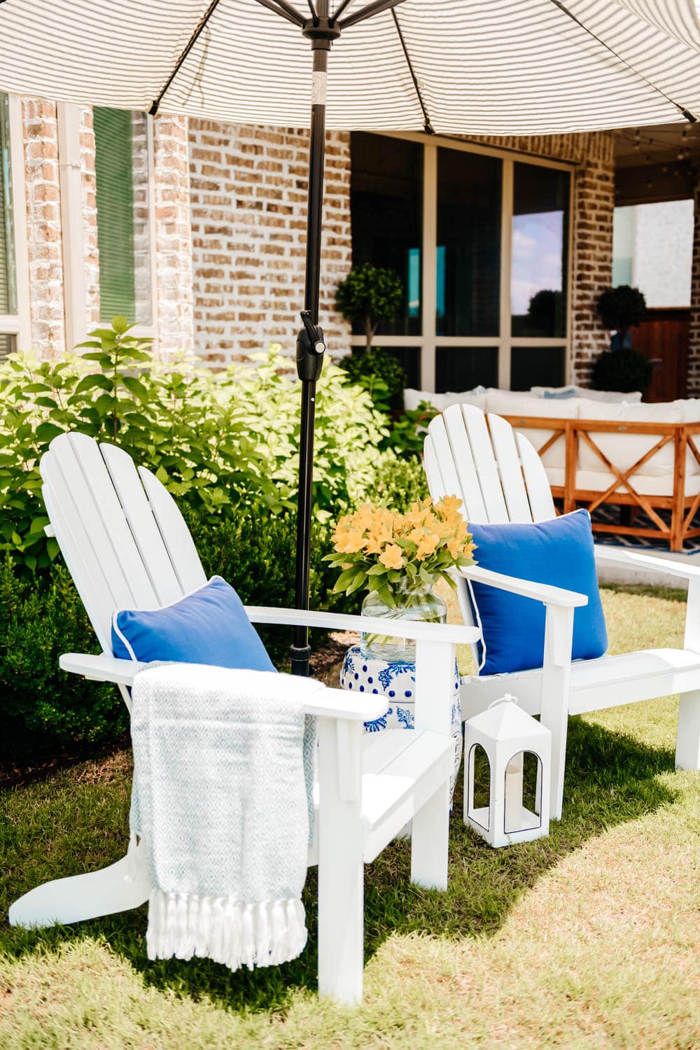 Summer patio sectional, outdoor table, outdoor television, outdoor seating ideas. #ABlissfulNest #summerpatio #patiodecor