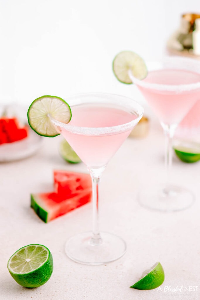 This watermelon lemonade martini is delicious for the summer or when having a small party. #ABlissfulNest #drinkrecipe #watermelon