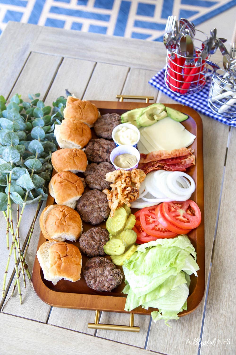 Make this epic summer hamburger charcuterie board with all these must-have ingredients. #ABlissfulNest #charcuterieboard #summerrecipe #summerfood