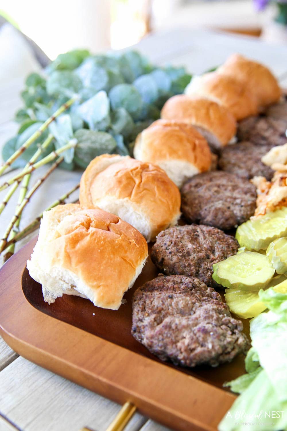 Make this epic summer hamburger charcuterie board with all these must-have ingredients. #ABlissfulNest #charcuterieboard #summerrecipe #summerfood