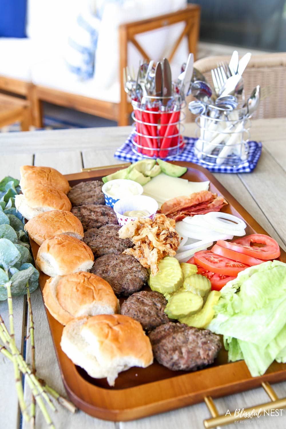 Make this epic summer hamburger charcuterie board with all these must-have ingredients. #ABlissfulNest #charcuterieboard #summerrecipe #summerfood