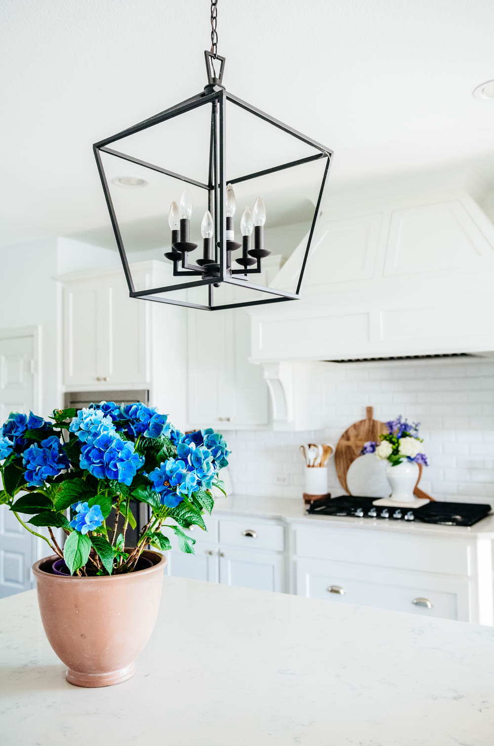 Blue hydrangea, potted plant, kitchen decor, white kitchen, kitchen style. #ABlissfulNest #whitekitchen #kitchendesign #summerkitchen
