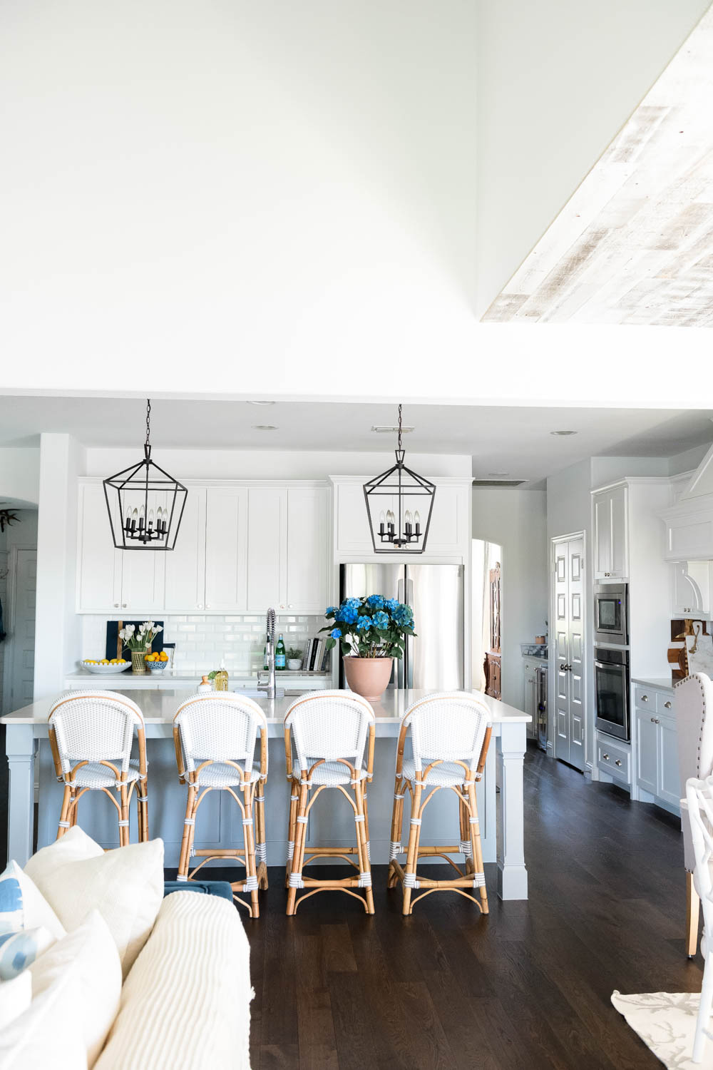 White kitchen details, Serena and Lily barstools, black lanterns, coastal kitchen, summer kitchen. #ABlissfulNest #whitekitchen #kitchenideas