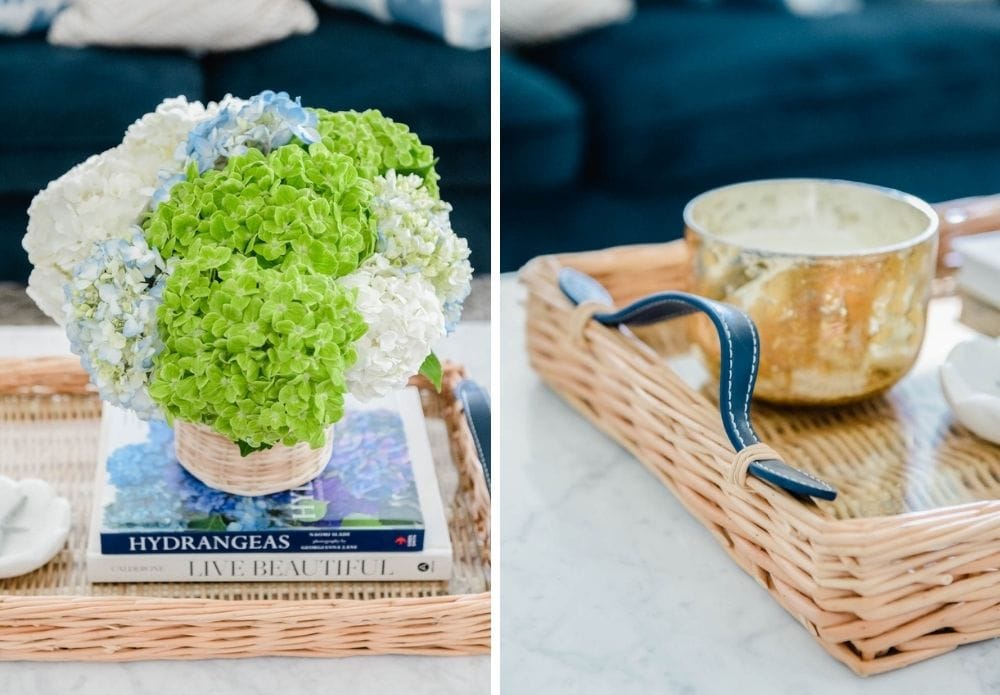 Summer fresh hues in this summer decor for a seasonal update. Fresh flowers, blue & white, green decor. #ABlissfulNest #summerdecor #summerhometour #livingroom