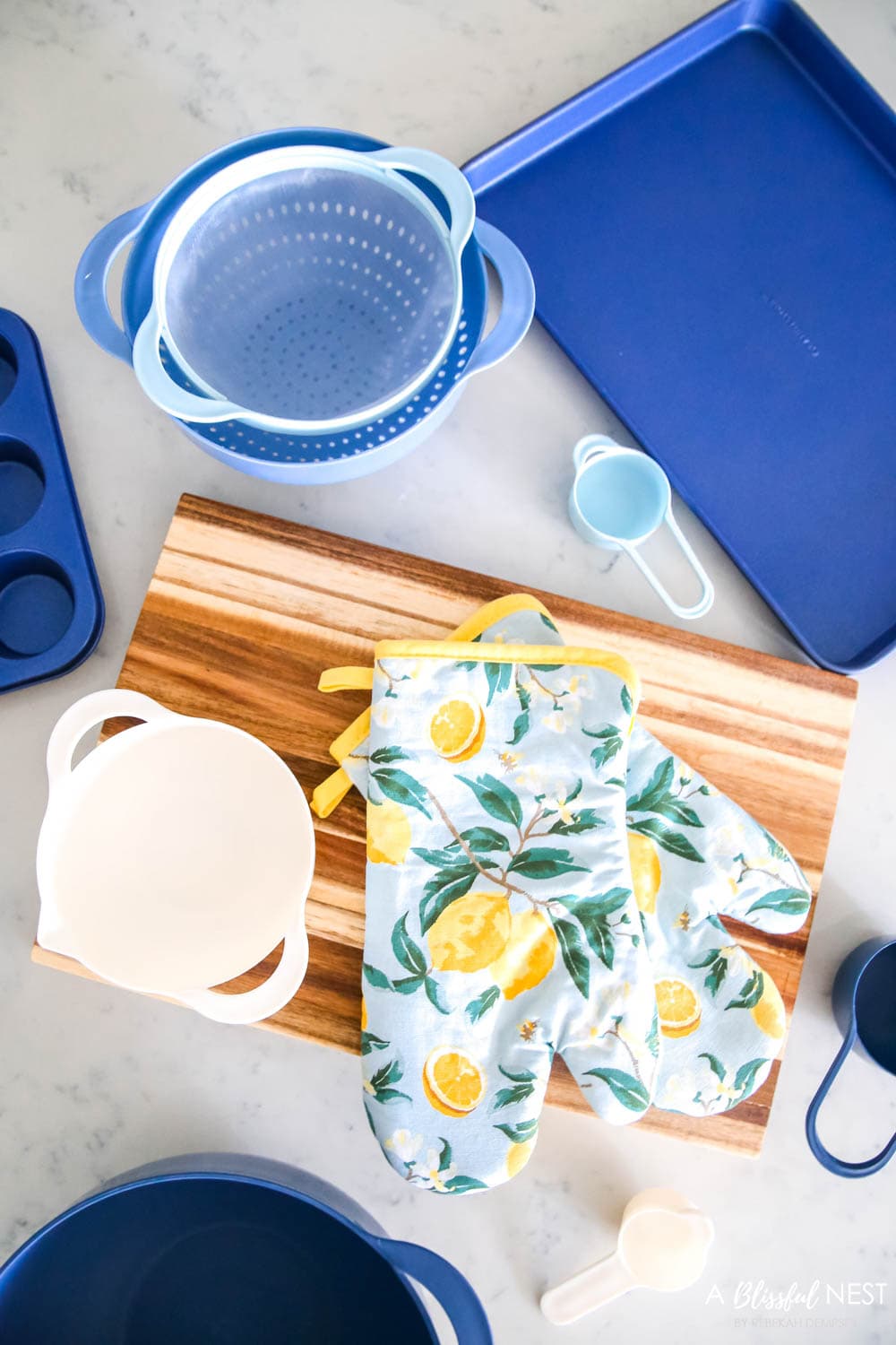 Love these affordable kitchen items for baking and cooking in shades of blue with citrus accents from Walmart. #ABlissfulNest #WalmartHome #sponsored #kitchen #baking