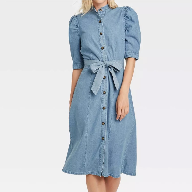 This puff sleeve chambray midi dress is a must have to wear casually or dress up! #ABlissfulNest