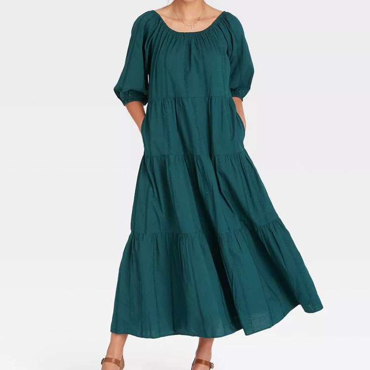 This puff sleeve tiered midi dress is so cute and the prettiest color! #ABlissfulNest