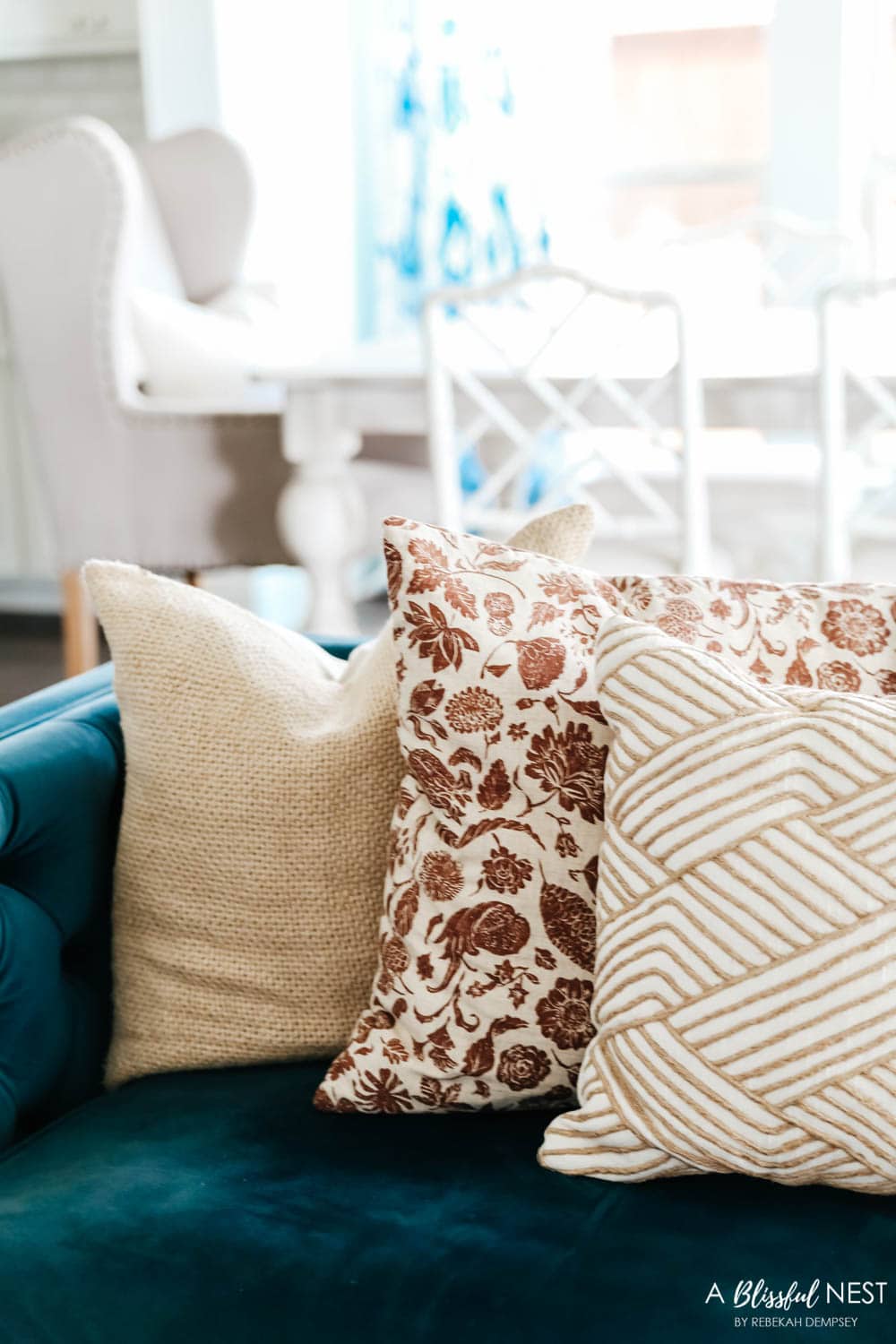 Switch out fabrics and pillows for jewel toned colors. #ABlissfulNest #falldecor #fallideas
