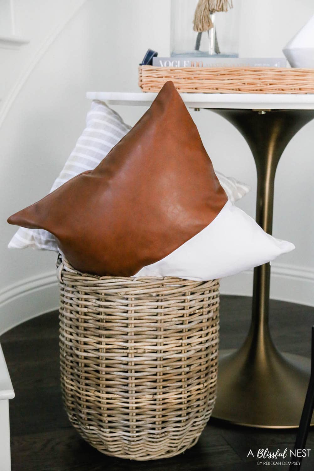 Faux leather pillow, fall decor, fall entryway. #ABlissfulNest #falldecor