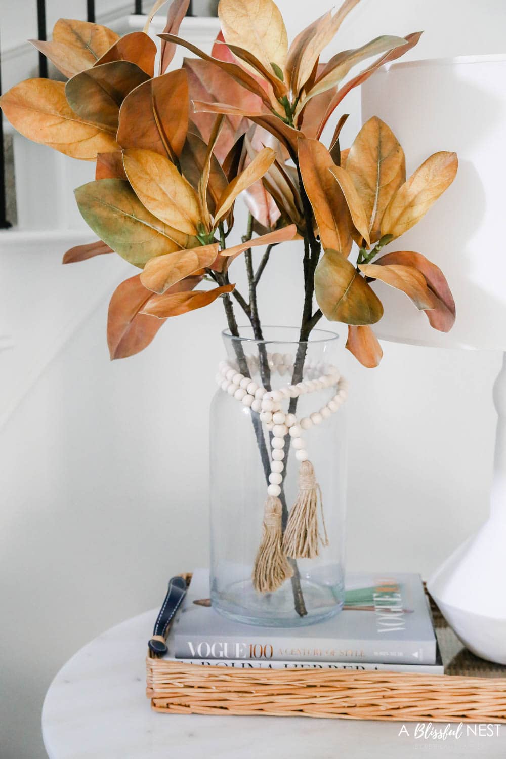 Amber colored faux magnolia leaves, fall florals, fall decor. #ABlissfulNest #falldecor