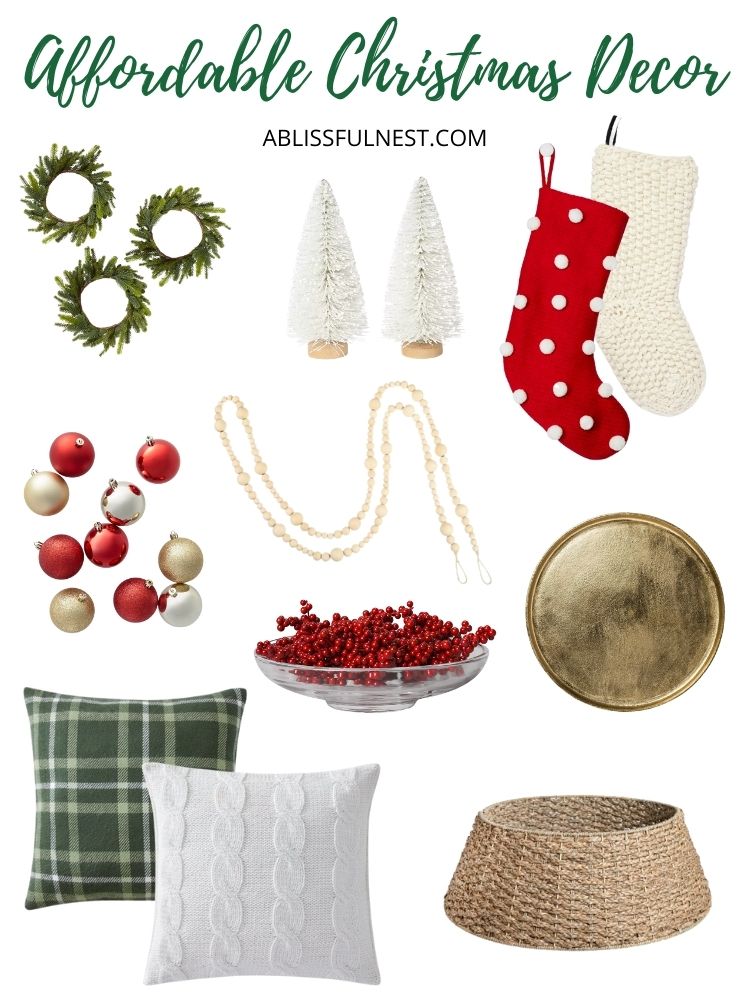 A collection of Christmas items such as stockings, wreaths, pillows and a tree skirt that are under $50 each.