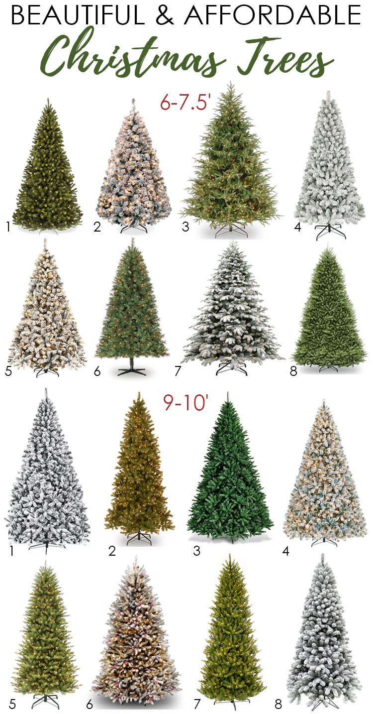 A great guide to beautiful and affordable Christmas trees in all sizes. From flocked Christmas trees to evergreen trees. #ABlissfulNest #Christmastree #Christmasdecor