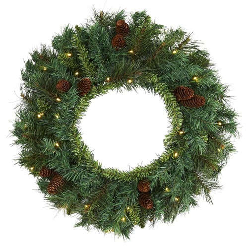 This pre-lit pine wreath is perfect for your front door this holiday season! #ABlissfulNest