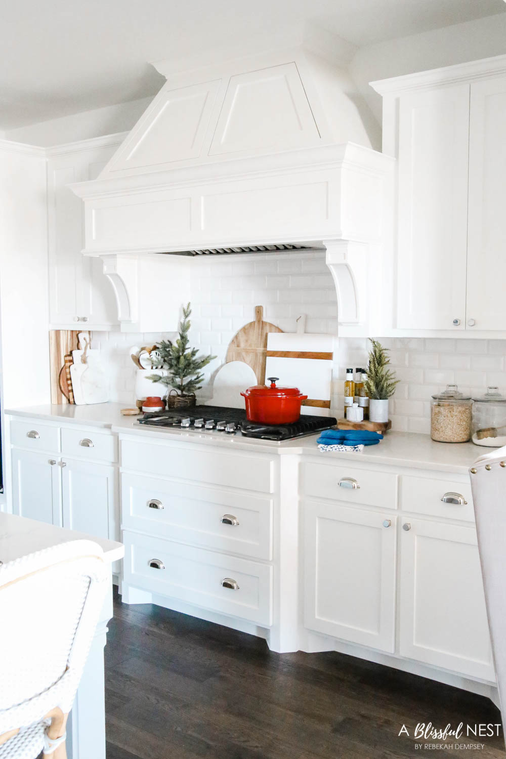 white kitchen, red cast iron pot with lid, cooking utensils in white pot, navy blue oven mitts, cooking oils by range.