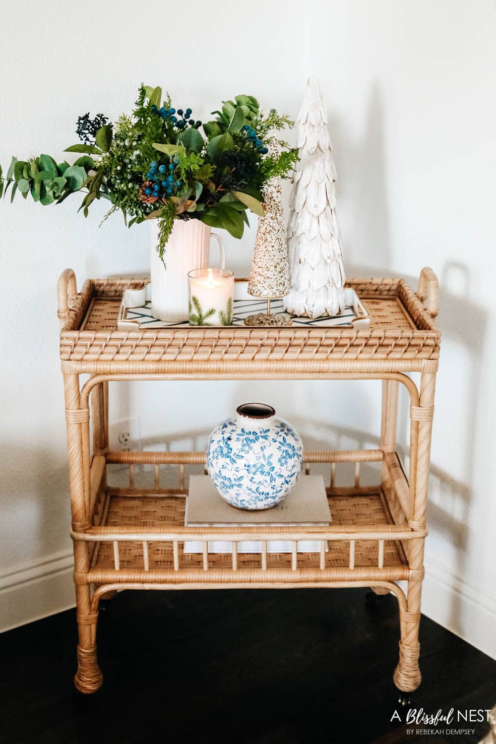 Rattan bar cart with Christmas decor