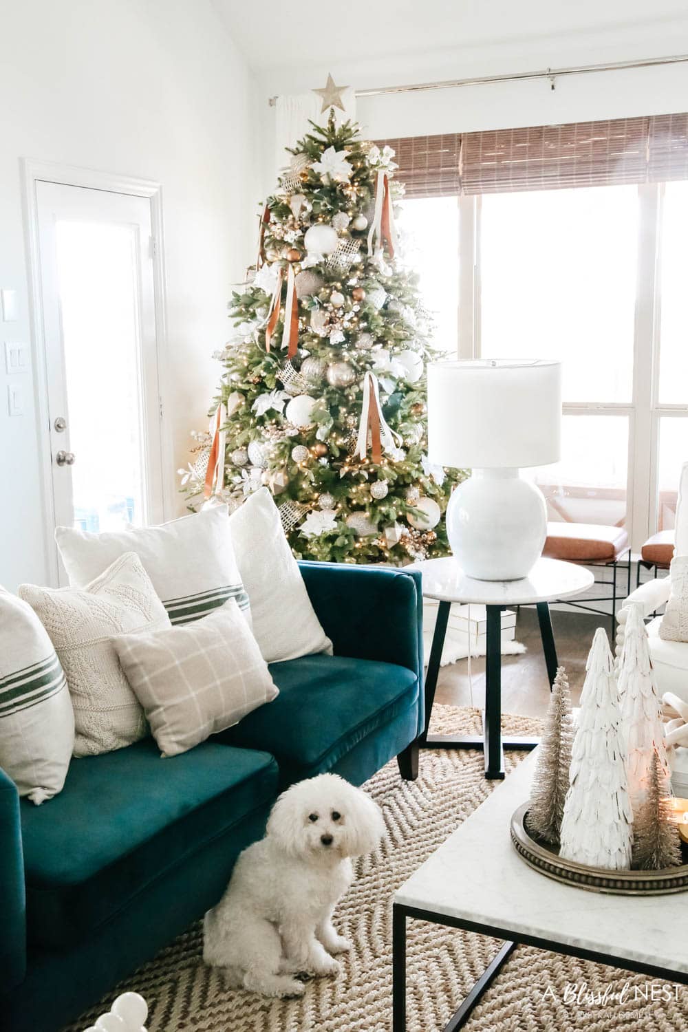 Navy blue sofa with Christmas tree