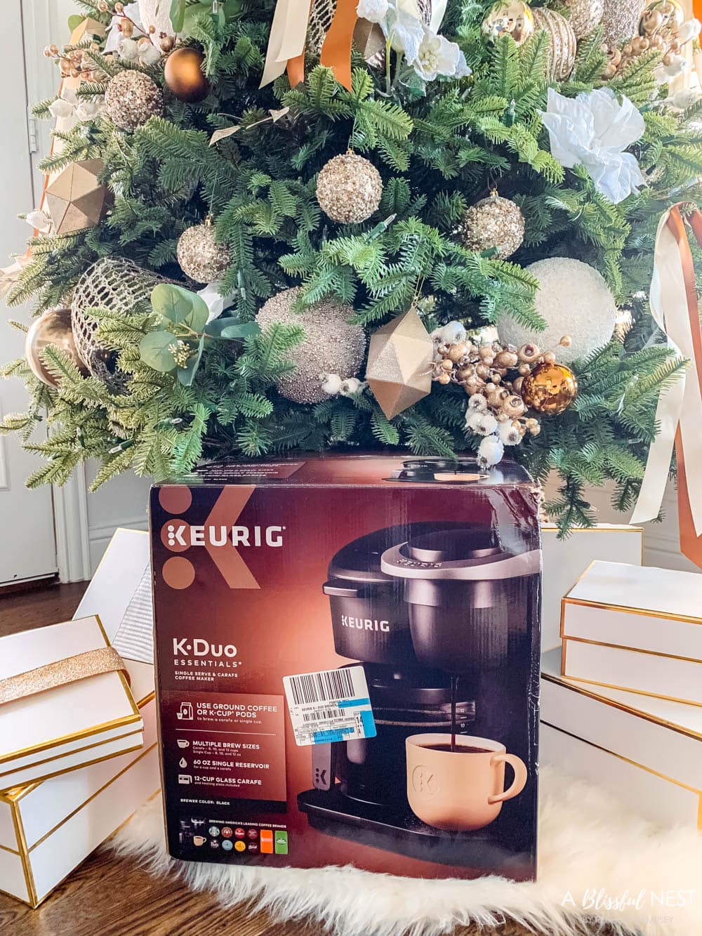 Keurig coffee maker under a Christmas tree