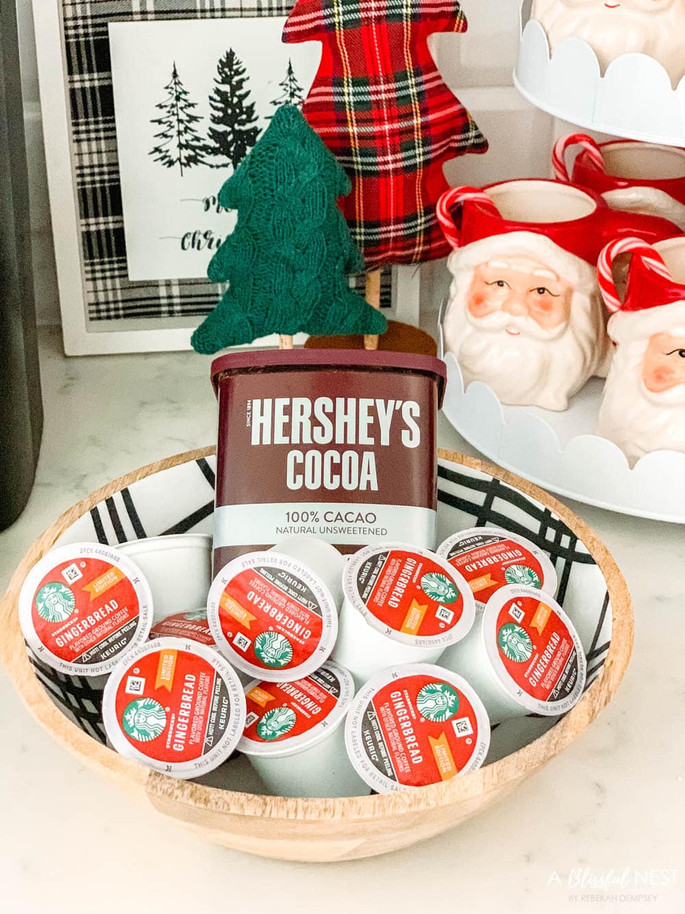 Gingerbread K cups in a bowl with Hersheys hot cocoa mix