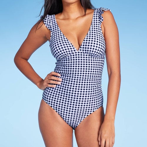 This blue gingham one-piece swimsuit is under $50! #ABlissfulNest