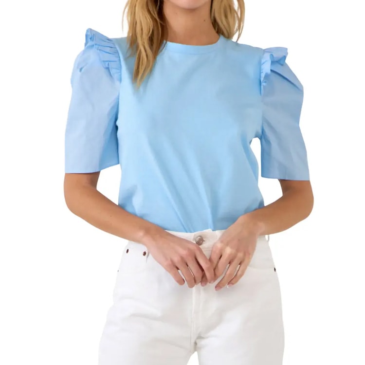 This blue puff sleeve tee is a must have staple for spring! #ABlissfulNest