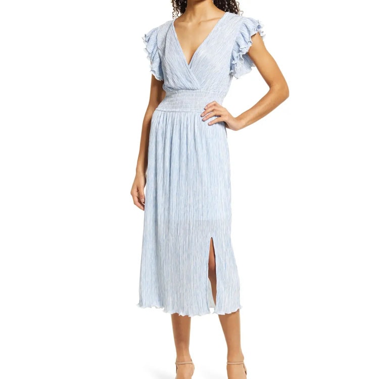 This blue flutter sleeve midi dress is perfect for a summer wedding! #ABlissfulNest
