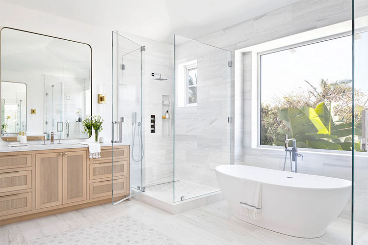 This super bright, white bathroom with natural touches designed by HW Interiors is stunning! #ABlissfulNest