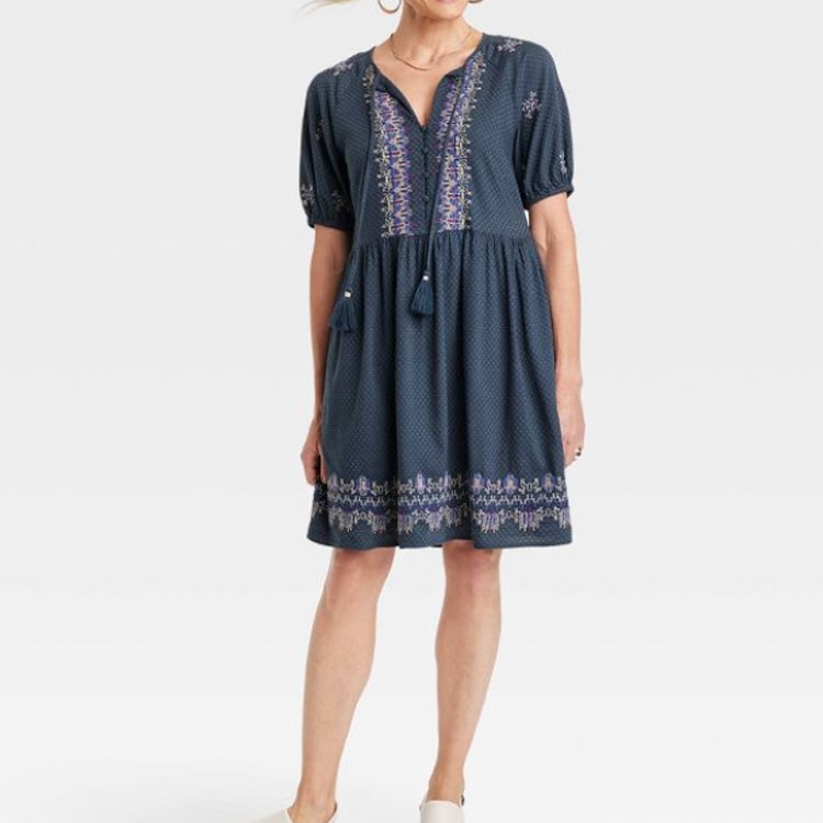 This navy embroidered mini dress is so cute and under $40! #ABlissfulNest