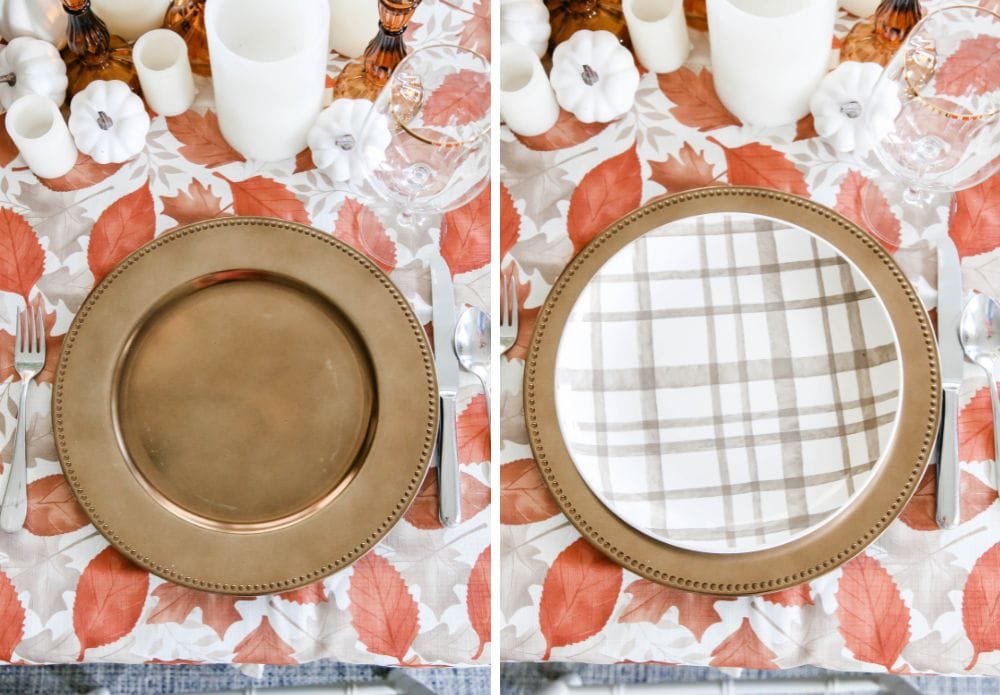 Bronze chargers on a table with a brown and white check patterned plate