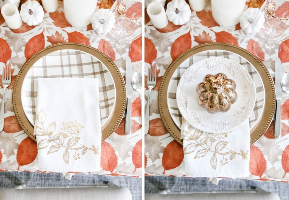 A gold and white fall napkin layered on a check patterned plate and a bronze color pumpkin.