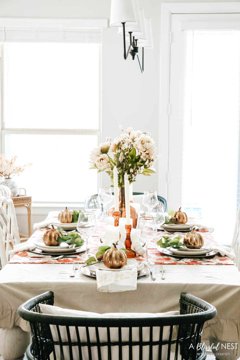 Full view of fall table with amber and tan accents