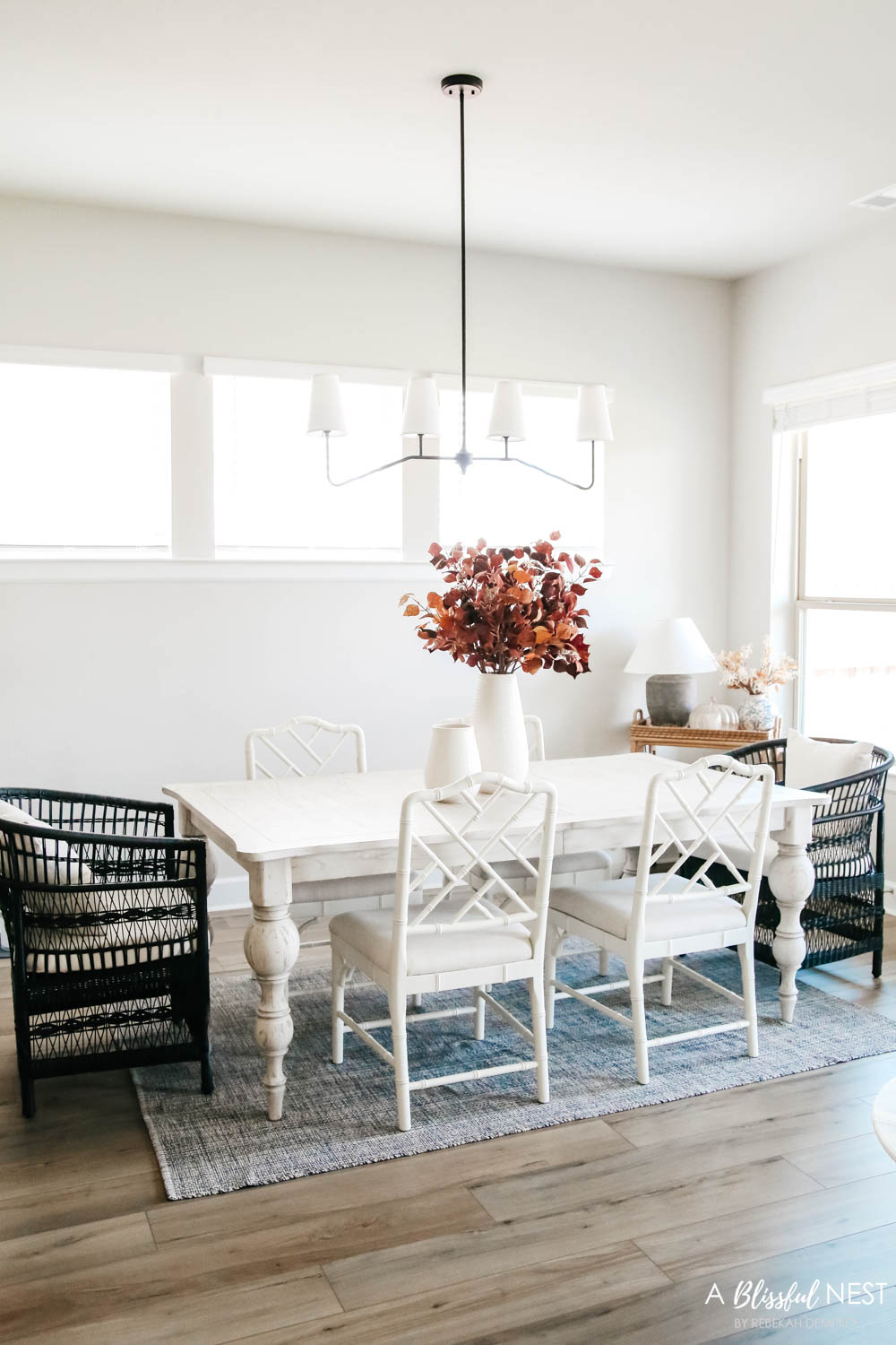 Dining room set with fall decor in amber colored hues