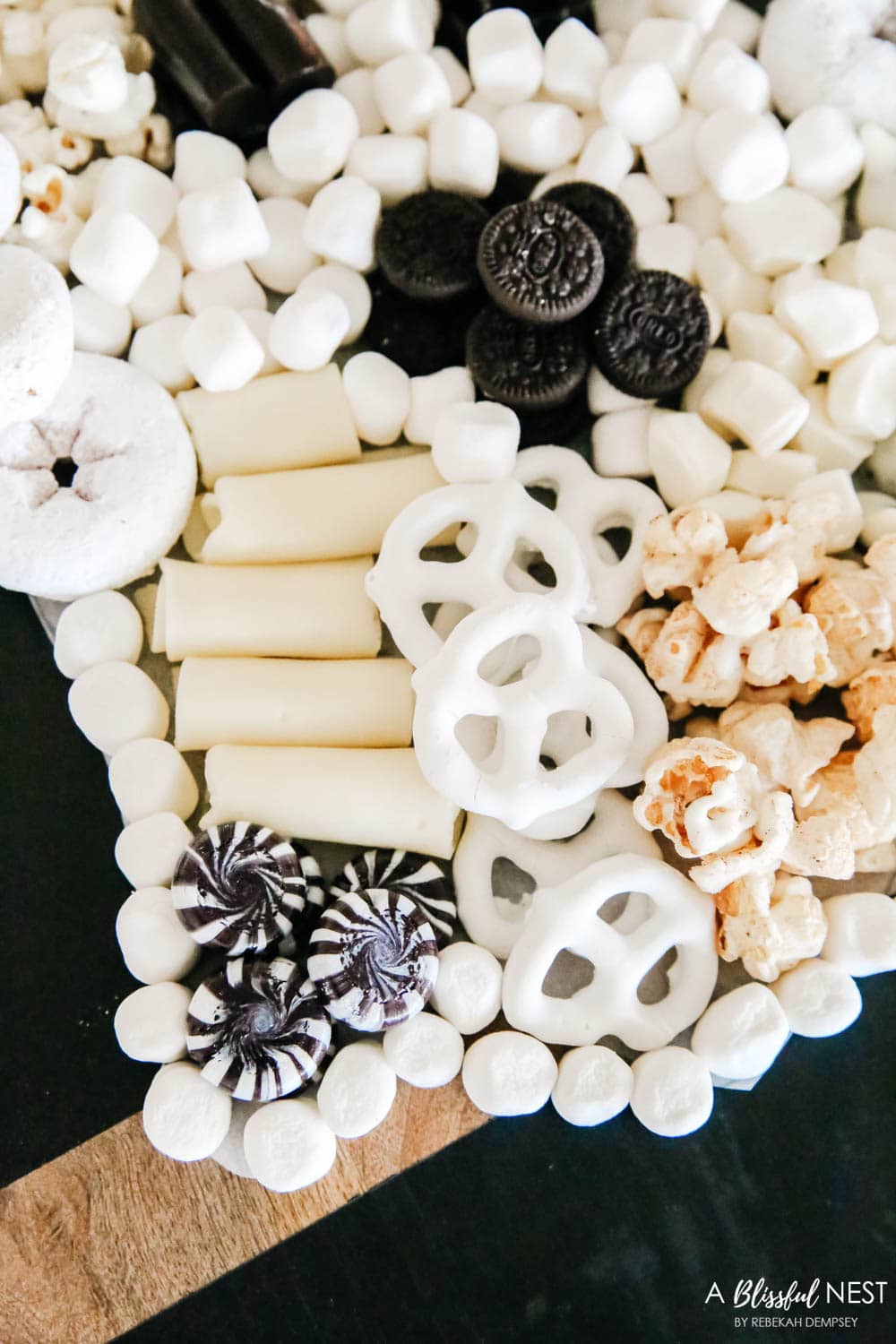 Black and white mints add pattern to the other white candies.