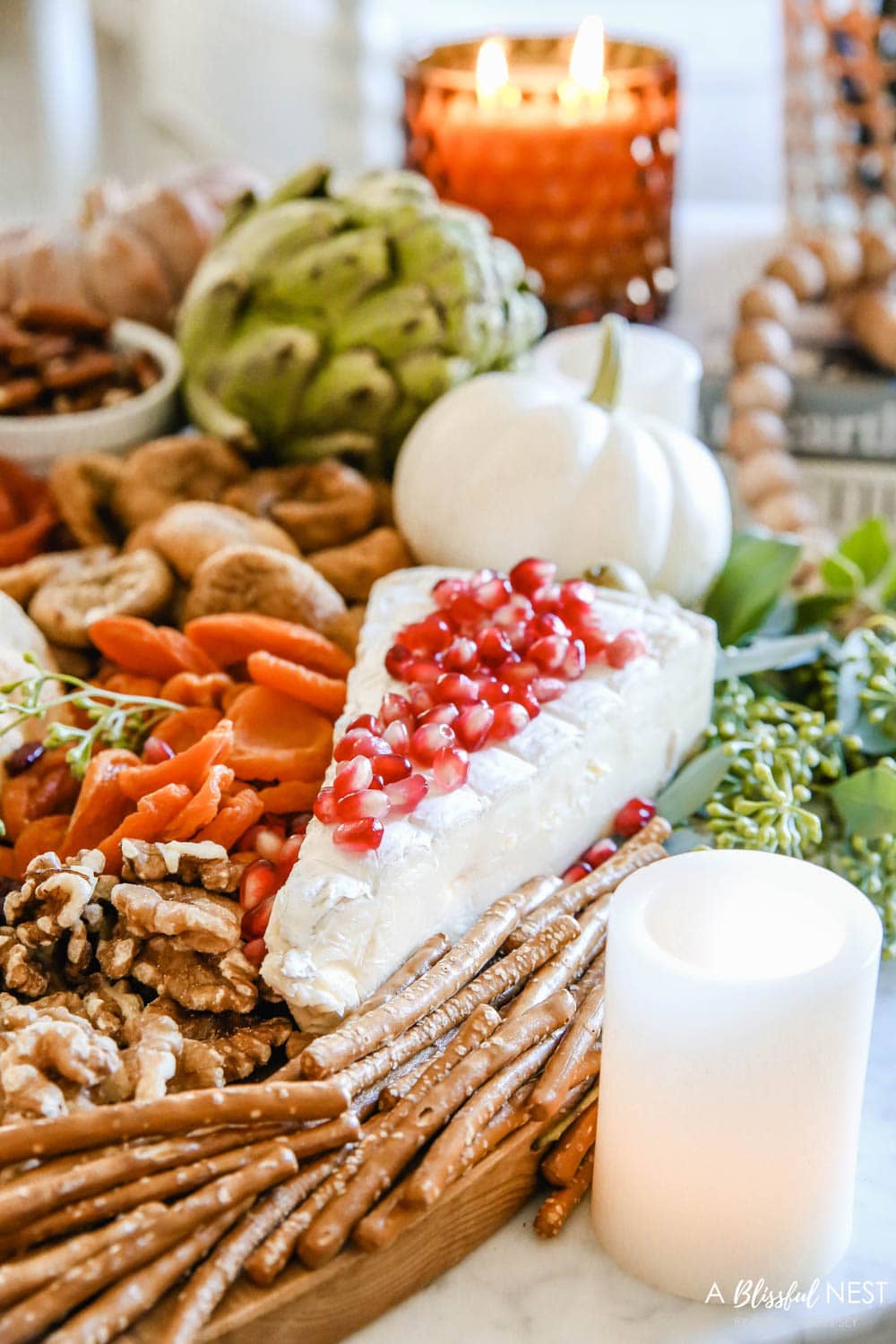 Brie with pomegranate seeds, pretzel sticks, dried apricots, walnuts