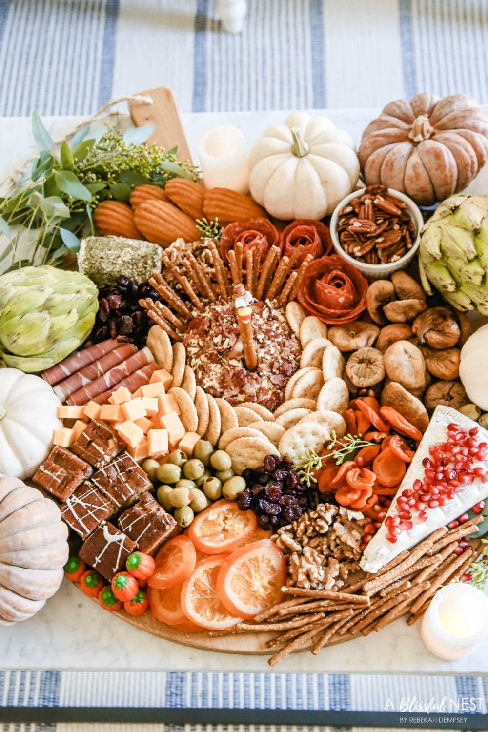 Thanksgiving charcuterie board on a coffee table