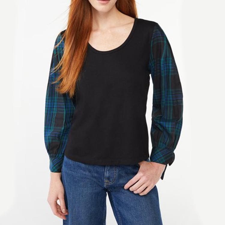 This pleated plaid sleeve top is the perfect under $25 holiday top! #ABlissfulNest