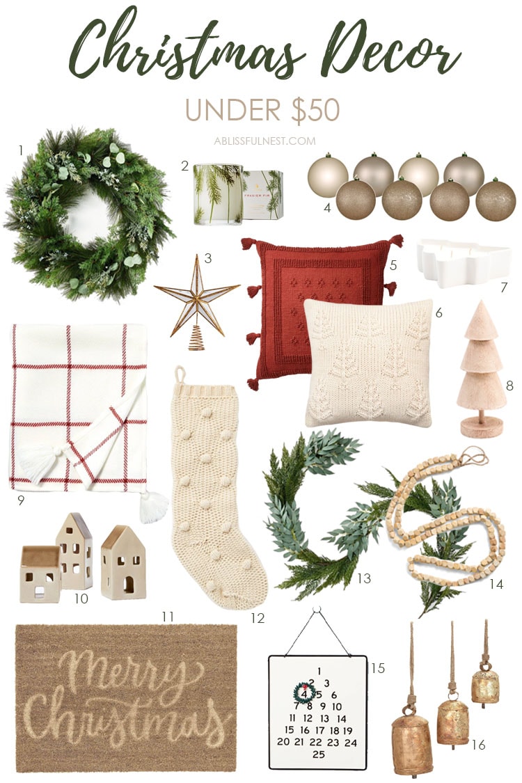 A collection of Christmas items such as stockings, wreaths, pillows and a tree skirt that are under $50 each.