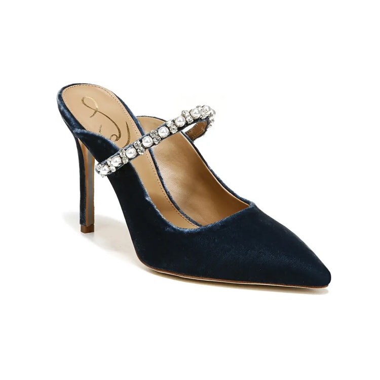 These blue velvet gem embellished heels are the perfect holiday heels! #ABlissfulNest