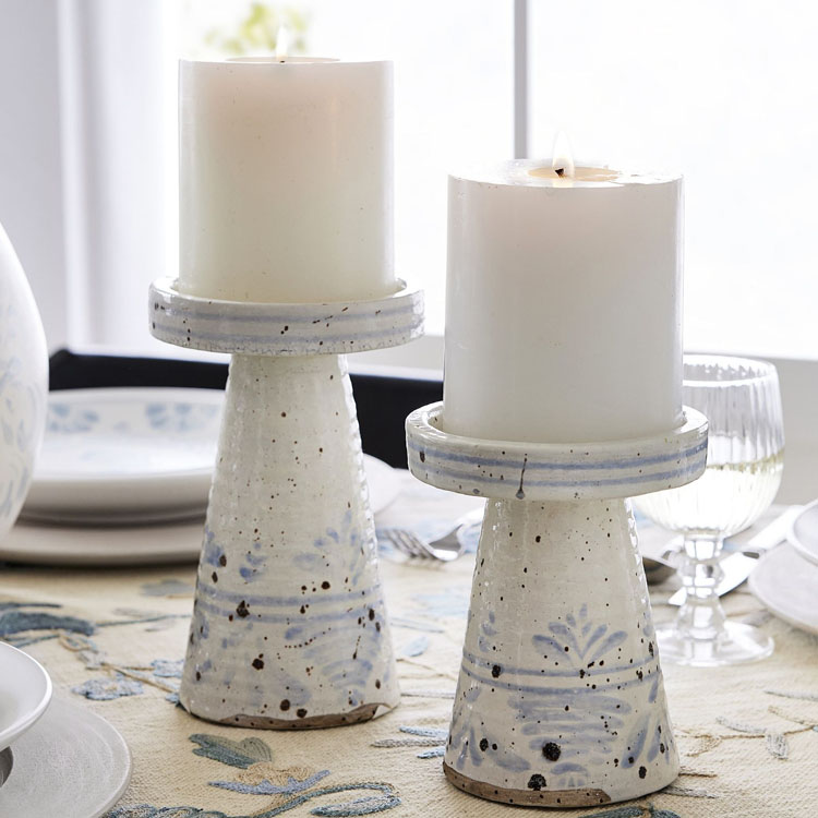 These chambray patterned ceramic pillar holders are so pretty and the perfect home decor addition for spring! #ABlissfulNest