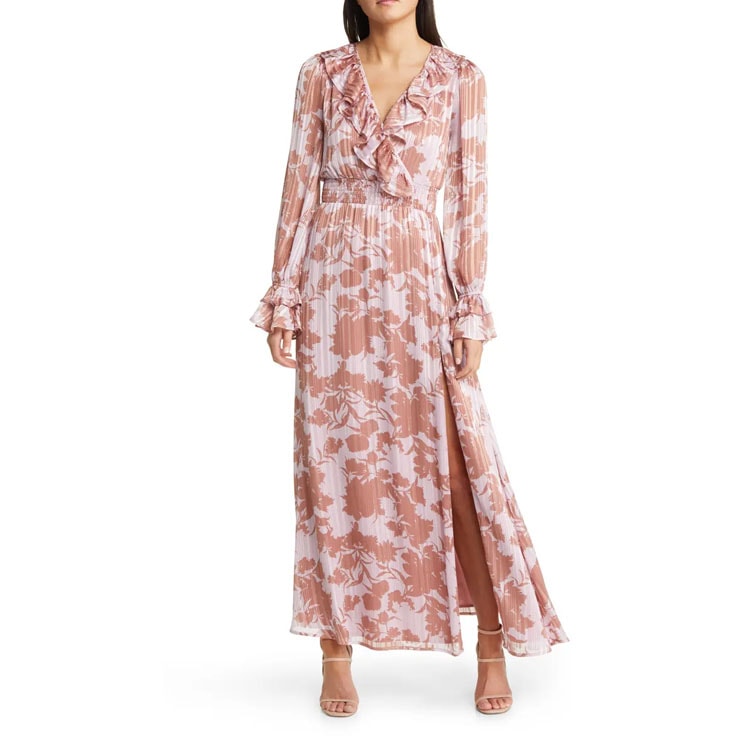 This pink floral maxi dress is the perfect under $100 wedding guest dress! #ABlissfulNest