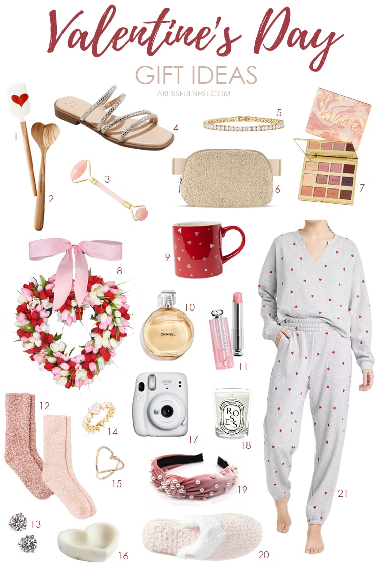 Collage of Valentine's day gifts: pjs, slippers, jewelry, candles, cozy socks, coffee mug. 