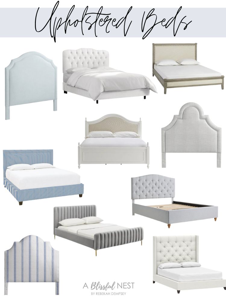 A collection of upholstered headboards in soft grey, ivory, soft blue, and patterns.