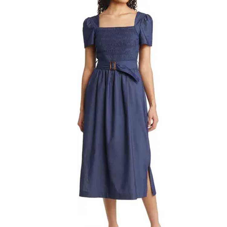 This blue smocked midi dress is the perfect spring dress! #ABlissfulNest